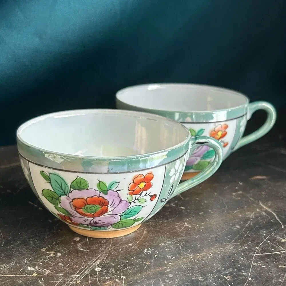 2 Vintage Hand Painted Lusterware Floral Tea Cups
